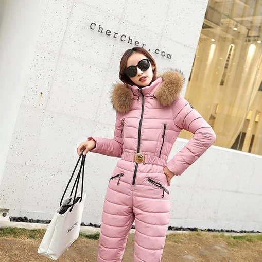 Pink Цельный хлопковый лыжный комбинезон с меховым воротником и капюшоном, женская теплая куртка на молнии+ штаны, лыжные костюмы, тёплые комбинезоны DS50953 - Цвет: Pink