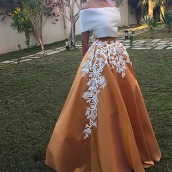 

Tow Piece Prom Dresses with Lace Appliques White Off The Shoulder Top Satin Floor Length A-line Skirt Long Gown Vestidos De Gala