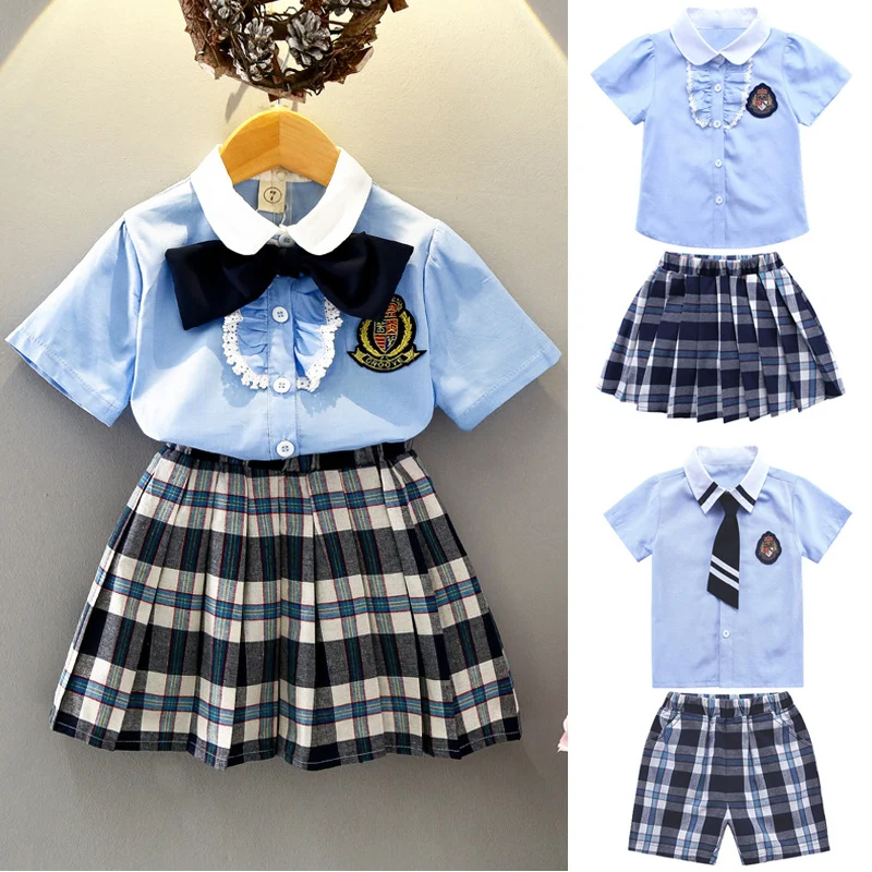 90-130 см, Японский Корейский стиль, клетчатая школьная форма для девочек, 2 предмета, топы, юбка/шорты, комплект одежды для танцев