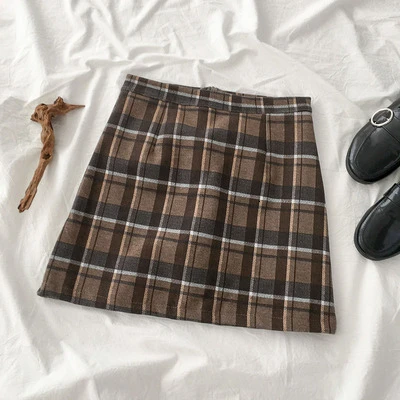Винтажная клетчатая Женская юбка с высокой талией Модные осенние короткие осенние зимние юбки - Цвет: Коричневый