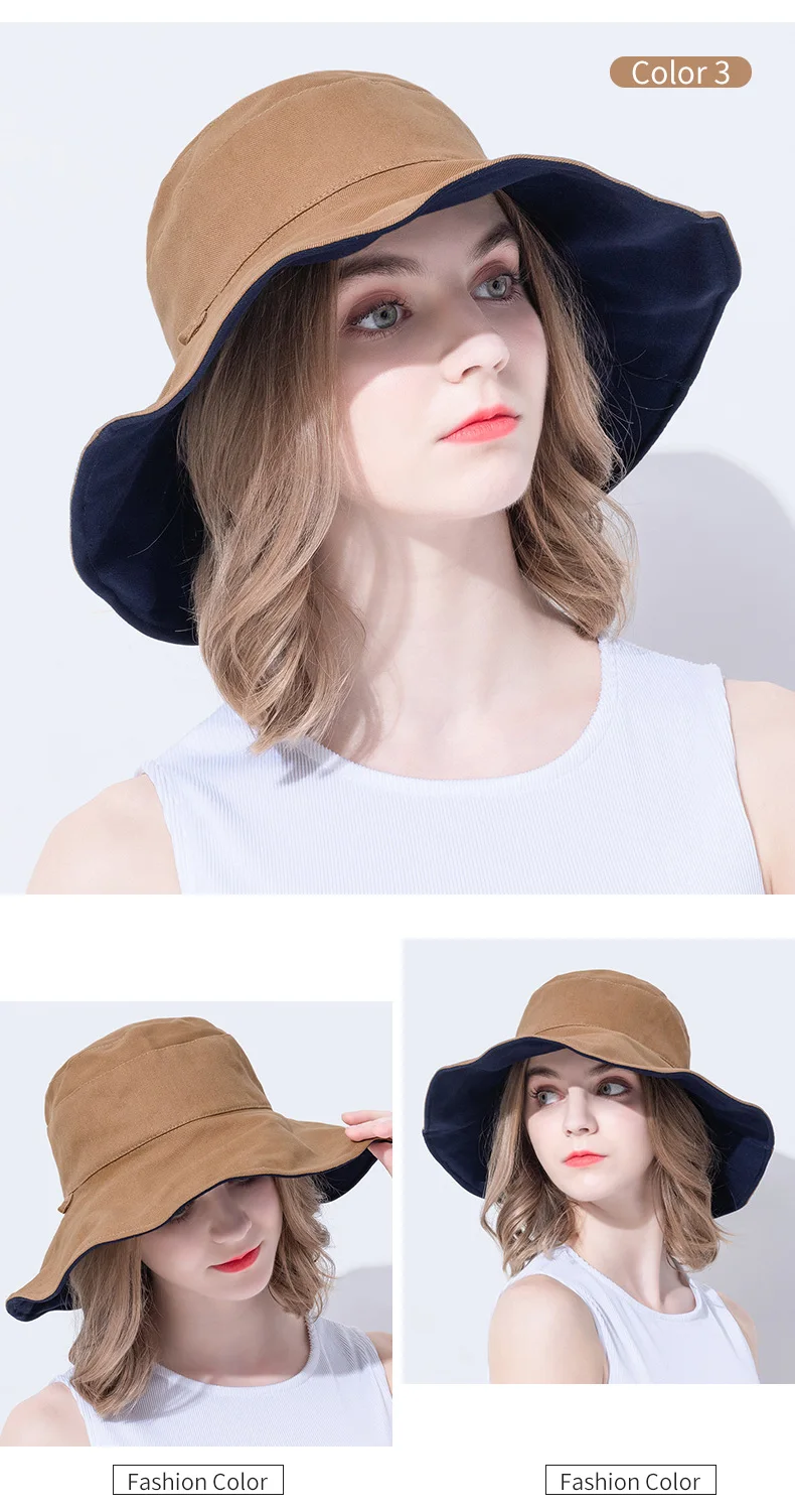 Хлопковая Панама для женщин, двусторонняя широкополая струна, однотонные кепки для рыбаков, летняя солнцезащитная, ветронепроницаемая уличная шляпа-ведро