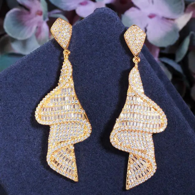 CWWZircons Geometric Sparkling Fancy White Cubic Zirconia Big Long Drop Earrings for Women Dubai Gold Color Bridal Jewelry CZ803 gold
