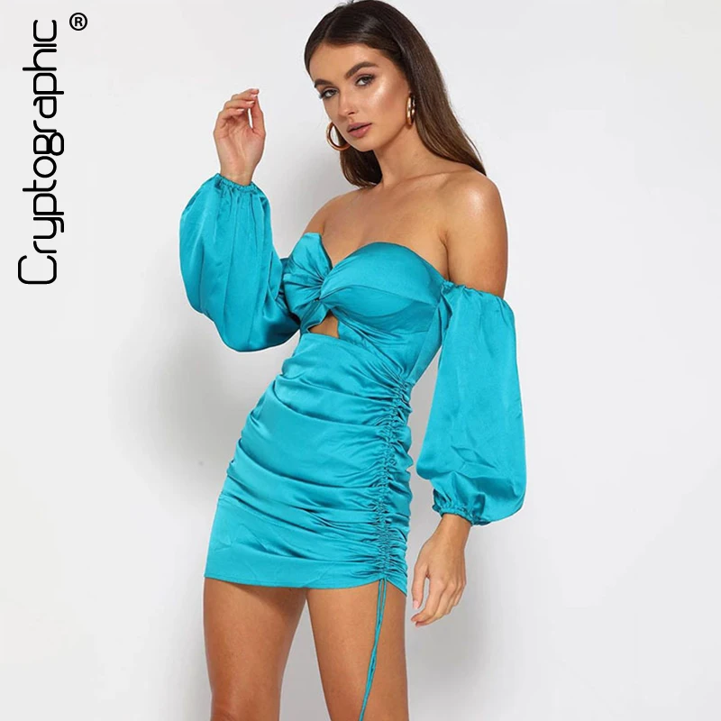 Najtaniej Kryptograficzna jednolita, bez ramiączek Hollow Out Mini sukienka bufiaste rękawy marszczone sukienki Zipper sznurkiem Off Shoulder Sexy obcisła sukienka