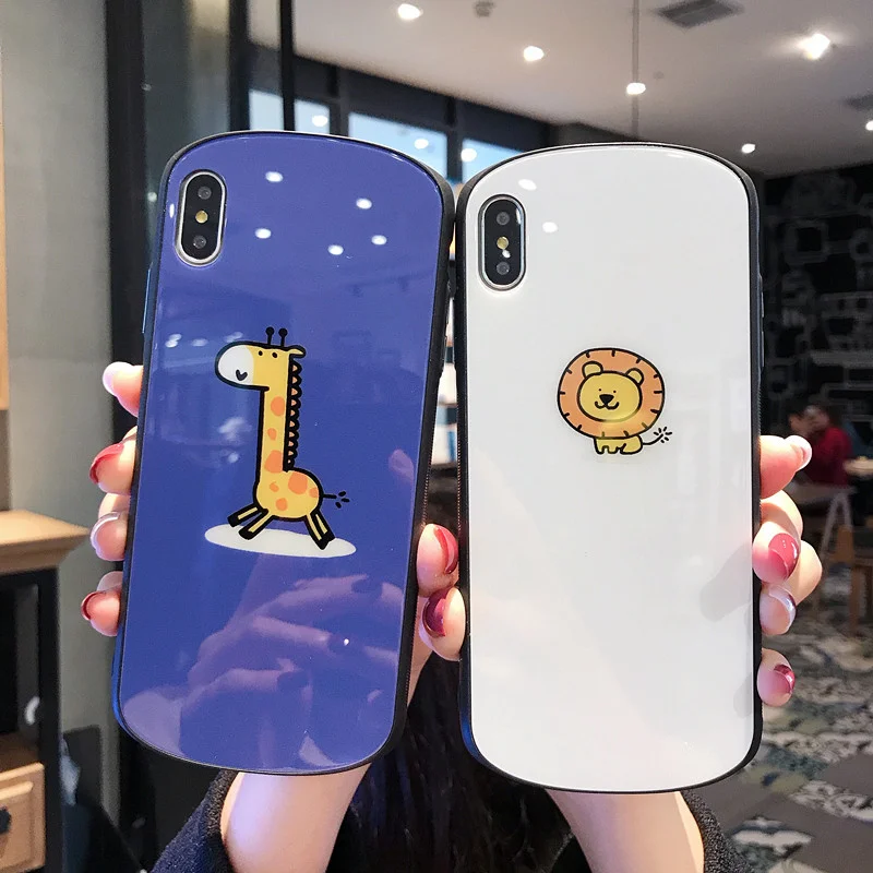 

Cartoon Cute deer Lion Tempered glass Case For iphone 7 8 plus gloss Case For iphone X XR XS MAX back protective cover Coque