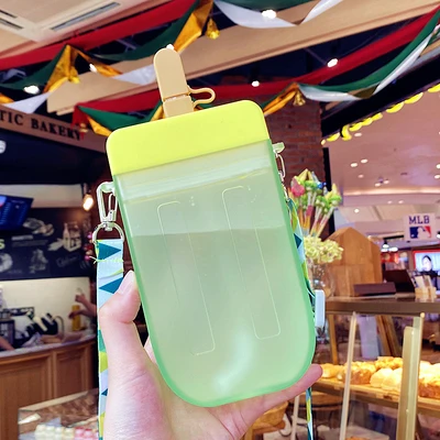 Cute Popsicle Straw Cup with Strap - 300ml Portable Plastic Water Bottle