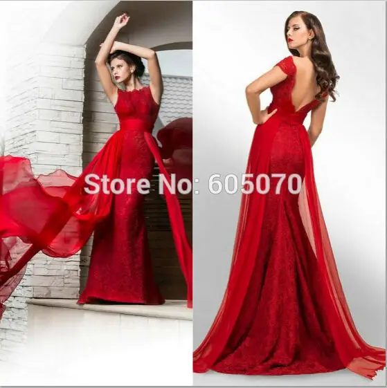 Vestidos 2019 Red Mermaid Long Lace Evening Dress Prom Women with Sash Open Back |
