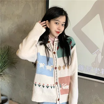 

PEONFLY Korean Women Knitted Cute Cartoon Rabbit Loose Sweater Autumn O Neck Single Breasted Harajuku Female Cardigan Female