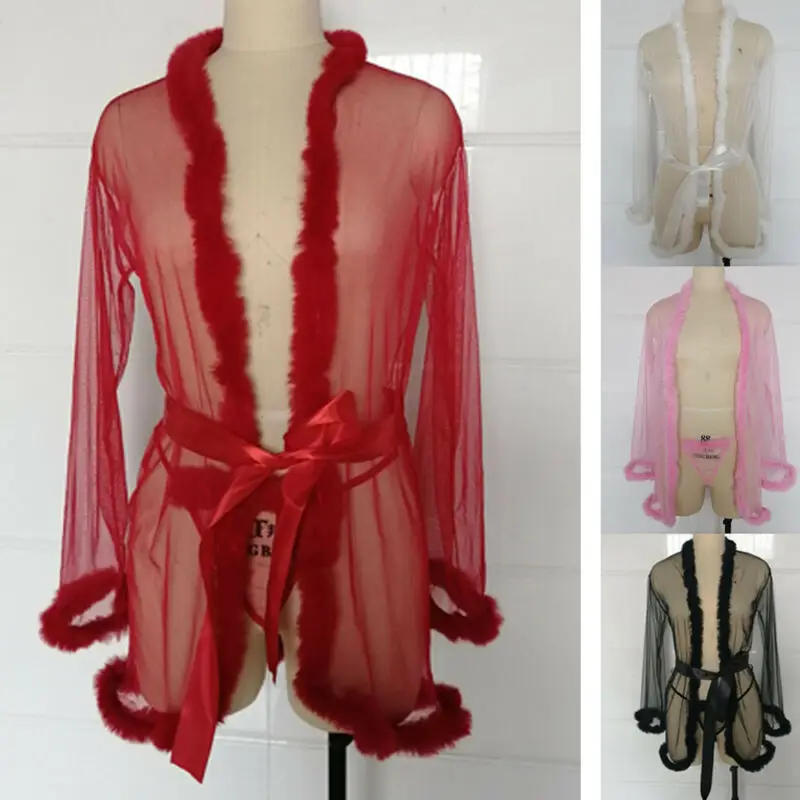 3pcs Women Sexy Lingerie Babydoll Long Sleeve Feather Robes and G-String Sets with Belt Ladies Underwear Nightwear Exotic | Тематическая