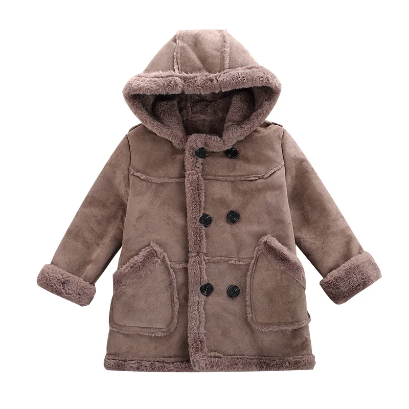Boys Thickened Suede Fur Jacket Autumn Winter New Children's Velvet Warm Outerwear Clothes Kids Fashion Hooded Overcoat B352
