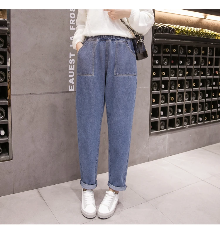 

Woman loose Vintage Jeans Fashion Elastic High-Waist Blue Boyfriend Washed Hallen Casual Plus size S-5XL Denim Trousers