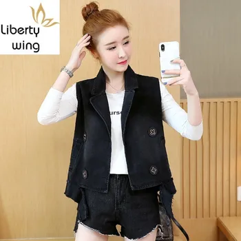 

New Fashion Denim Vest Women Vintage Sleeveless Slim Fit Short Jacket Elegant Black Office Work Waistcoat Big Size M-2XL