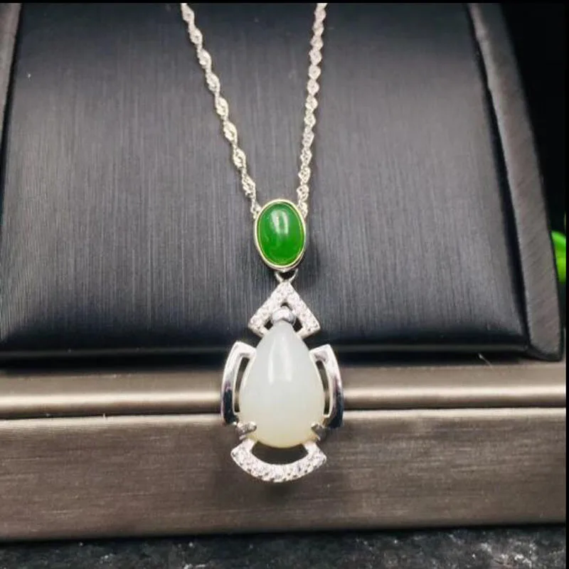 Natural Hetian Jade Water Drop Pendant Jewelry 925 Sterling Silver inaly Green Agate Necklace Pendant Fine Jewelry