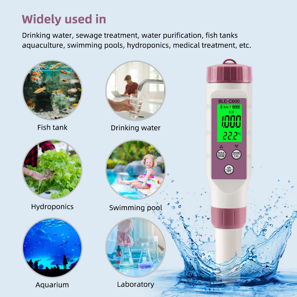 Yieryi BLE-C600 Blue Tooth-compatible Water Quality Pen 7 in 1 PH/EC/TDS/ORP/SALT/S.G/TEMP Meter APP Intelligent Control Tester anemometer sensor