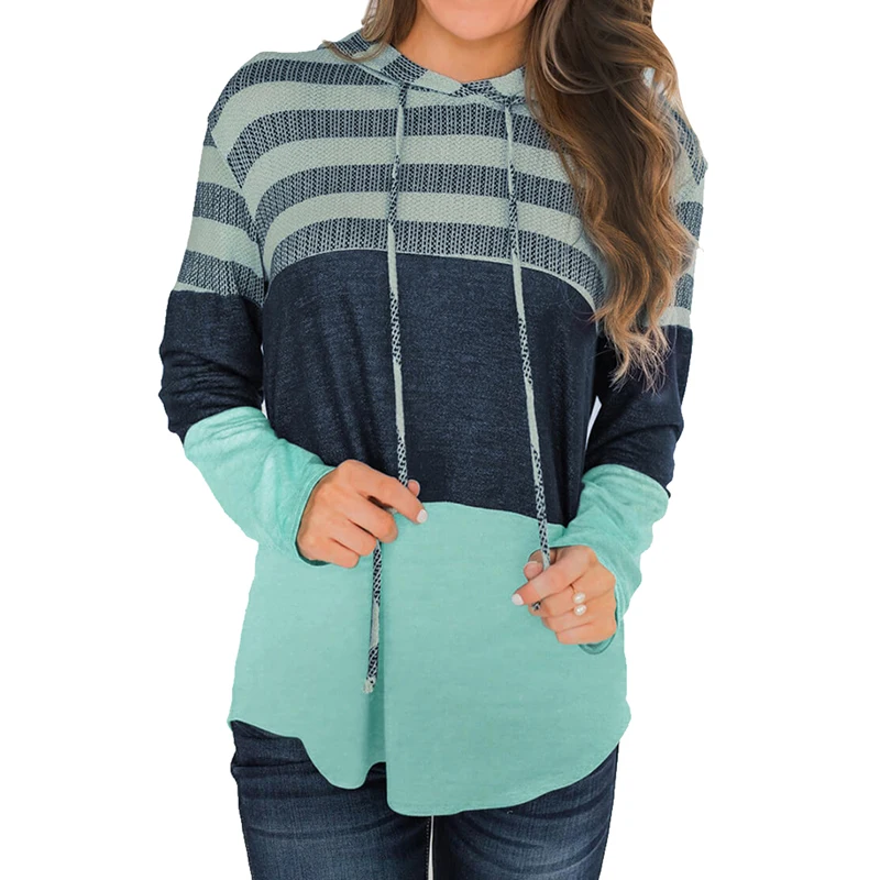 Sfit осенне-зимняя женская толстовка с капюшоном со шнуровкой и длинными рукавами, пуловер, топы в полоску, свободные толстовки - Цвет: lake blue