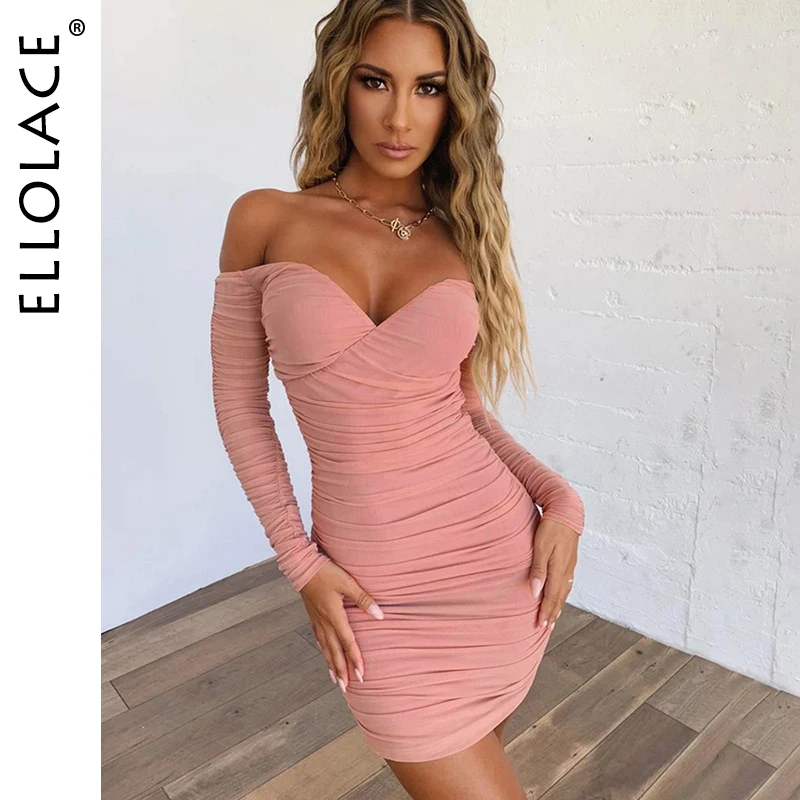

Ellolace Sexy Dress Women Mesh Long Sleeve Mini Dress Off Shoulder Deep-v Neck 2019 Party Club Vestidos Female Elegant Dress