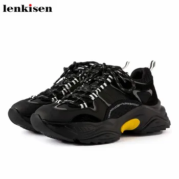 

Lenkisen Korean girl popular mixed colors sneaker cow leather lace up round toe thick bottom fashion women vulcanized shoes L82