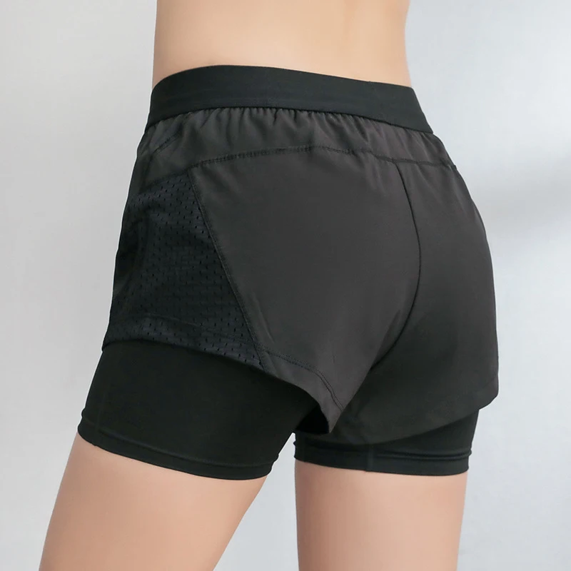 Женские шорты для йоги с высокой талией двухслойные боковые сетчатые анти-легкие тренировочные спортивные быстросохнущие тянущиеся для фитнеса короткие штаны