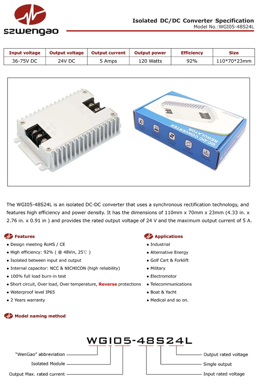 36-75V to 24V 5A Isolated DC-DC Buck Module 48V to 24V Step Down Converter Regulator 2-Years Warranty with Reverse Protection
