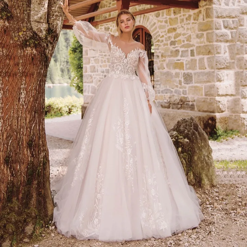 

Thinyfull Elegant Long Puffy Sleeve Wedding Dresses O Neck A Line Bride Dresses Tulle Button Lace Appliques Bridal Gown 2020