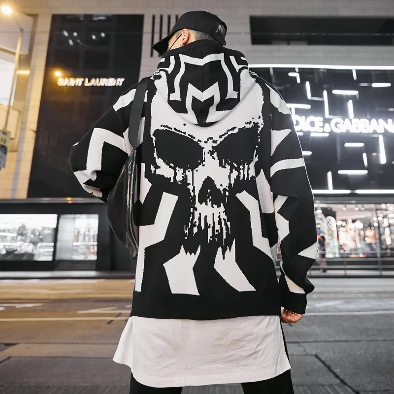 

Hooded Batwing Sleeve Knitted Sweater Men Skull Pattern Hip Hop Sweater Man Round Neck Pull for 2019 Fall Loose Pullover