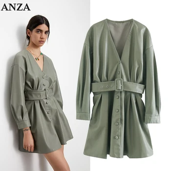 

Za 1:1 2020 Women Pu Minidress with V-neck Belt Long Sleeve Shirtdress Green Pu Sexy Dress High Quality