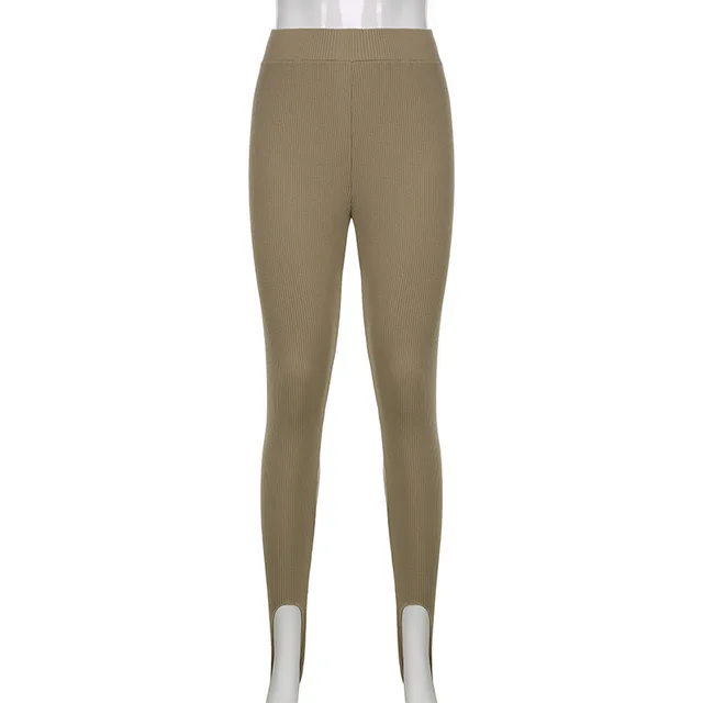 Tossy Beige Ribbed Knit Leggings Women High Waist Cotton Fitness