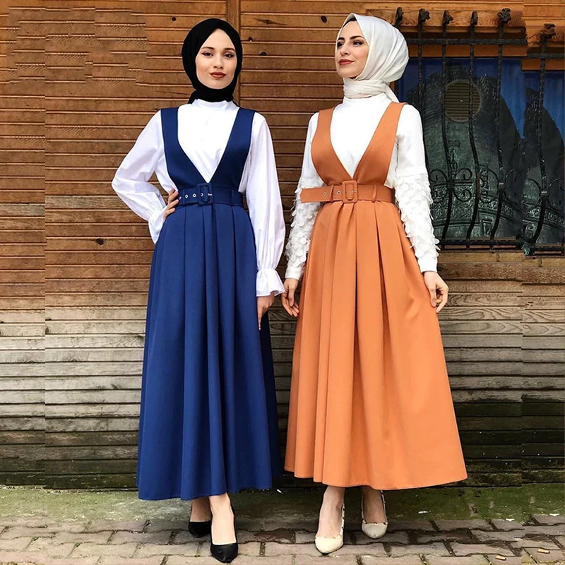 

Middle Eastern fashion strap dress Muslim belt big swing solid color sleeveless skirt