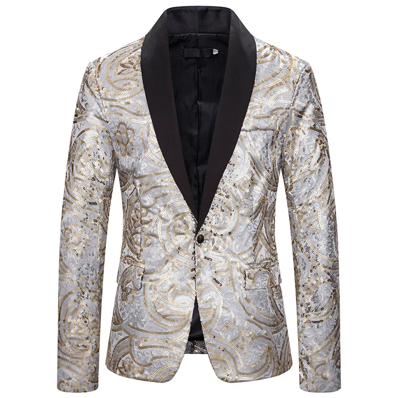 Luxury Glitter Blazer Men Fashion Golden Silver Sequin Single Button Blazer Hombre Nightclub Stage Slim Fit Mens Christmas Suit - Цвет: X85-Silver