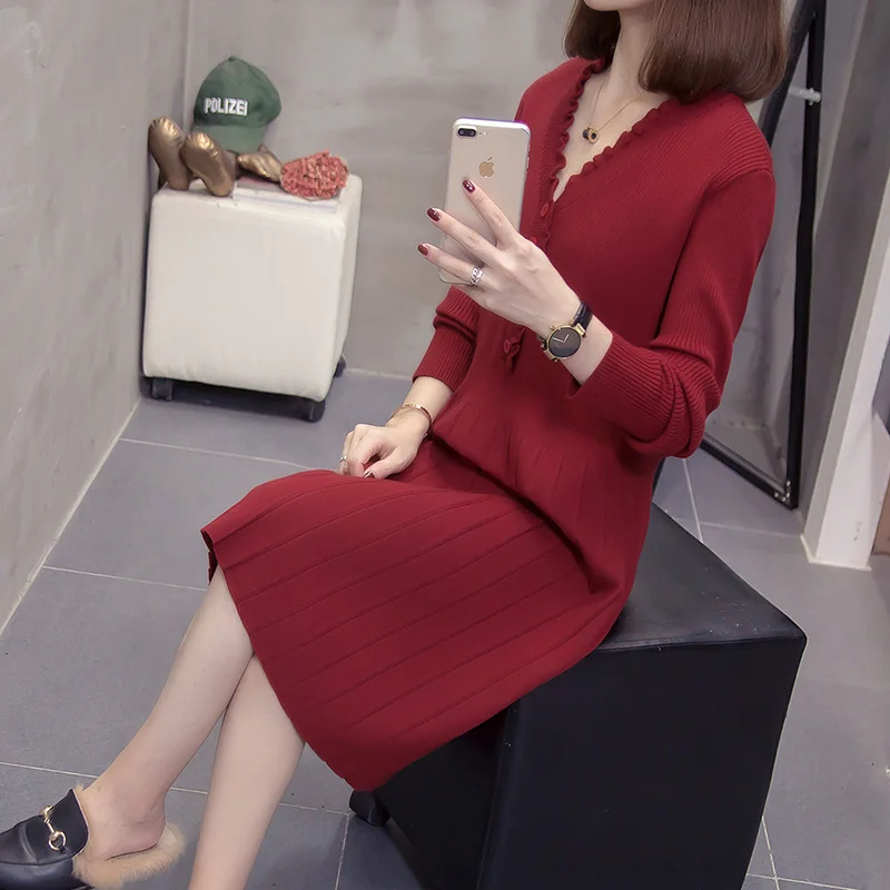 V-neck Sweater Dress 2020 Women Fashion Autumn Winter Knitted Pullovers Sweaters Long Sleeve Jumper Pull Femme plus size | Женская