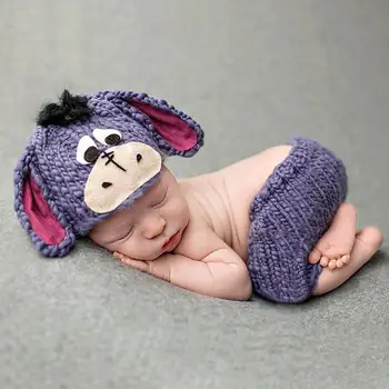 

Newborn Baby Donkey Pattern Photography Clothing Knitted Beanie Pants Suit Baby Photo Memorial Clothing Sets