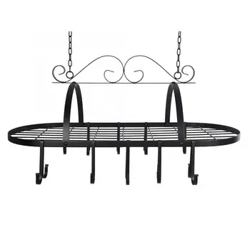 

Hanging Pan Rack Black Color Metal Hanging Pan Pot Rack with 10 Hooks Home Kitchen Storage Organizer Pan Rack