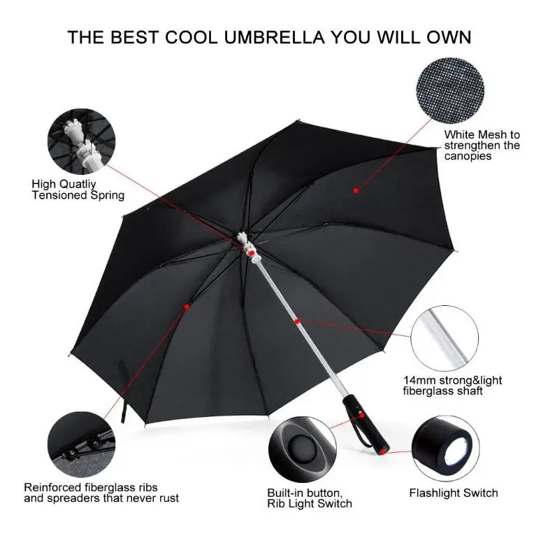 8 Rib Light up Blade Runner Style Changing Color LED Umbrella With Flashlight Transparent Handle Straight Umbrella Parasol