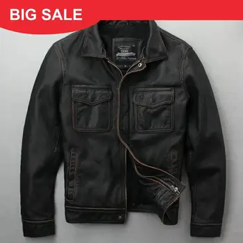 

2020 Vintage Brown Men Casual Leather Jacket Plus Size XXXXXL Double Pockets Genuine Cowhide Spring Russian Coat FREE SHIPPING
