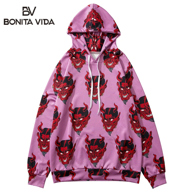 Bonita Vida Devil напечатаны хип-хоп толстовки для мужчин мода уличная Harajuku японский Ukiyo E Гавайский фиолетовый Свитшот