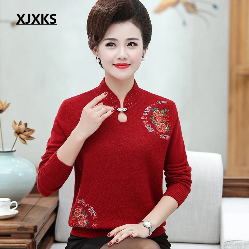 XJXKS женский свитер женская зимняя одежда Emboridery Pull Femme Hiver джемпер для мамы среднего возраста плюс размер женские свитера - Цвет: Красный