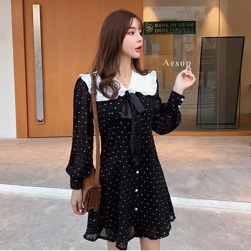 

Preppy Style Girl Black Shirt Dress White Polka Dot Pattern Sailor Collar Bowknot Design Knee Length Long Sleeve Chiffon Dresses