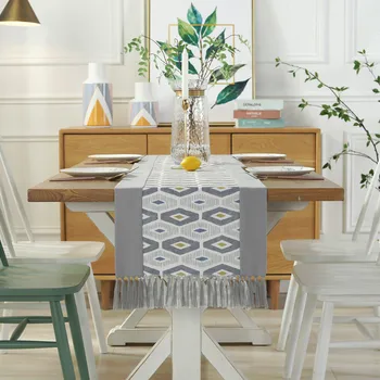 

Modern light grey grid cotton and linen table runner high quality dining table TV cabinet tassels table flag printed bed flag
