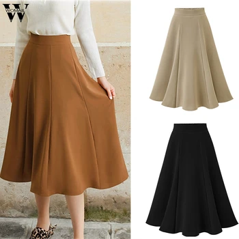 

Womail Women Skirt Vintage long Skirt High Waist Solid Loose Elegant Pleated Midi Skirt party Faldas Mujer for Ladies holiday