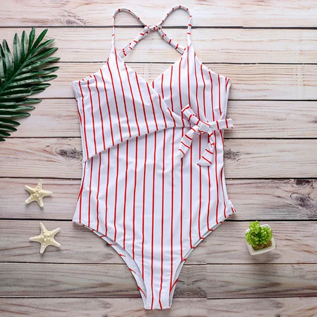 B334Red Striped Swimwear One Piece Swimsuit Women Sexy Deep V Monokini Bandage White Bathing Suit XXL Large Size Beachwear Bodysuit - Цвет: B334Red