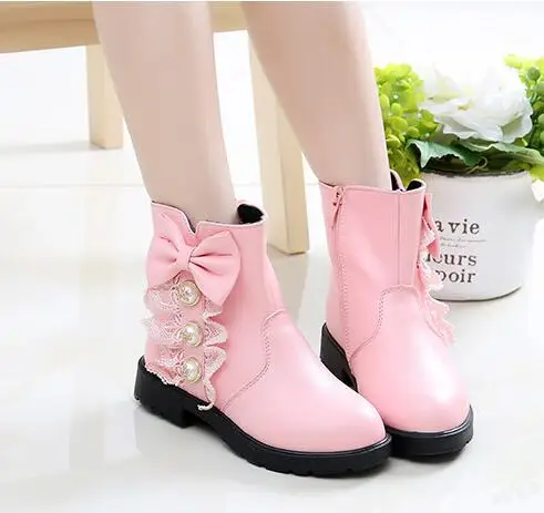 2020 new Girls Fashion Boots Princess Lace With Bow Tie PU Leather Water-proof Children Warm Cotton Boots Kids Big Girl Boots