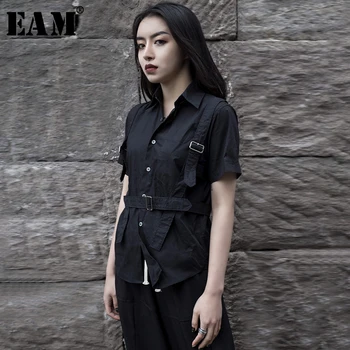 

[EAM] Women Black Buckle Split Jont Temperament Blouse New Lapel Short Sleeve Loose Fit Shirt Fashion Spring Autumn 2020 JU425