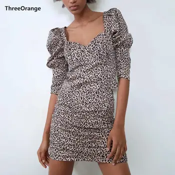 

ZA women tshirt Leopard print Animal pattern puff sleeve crop tops casual slim two piece sets female clothes women