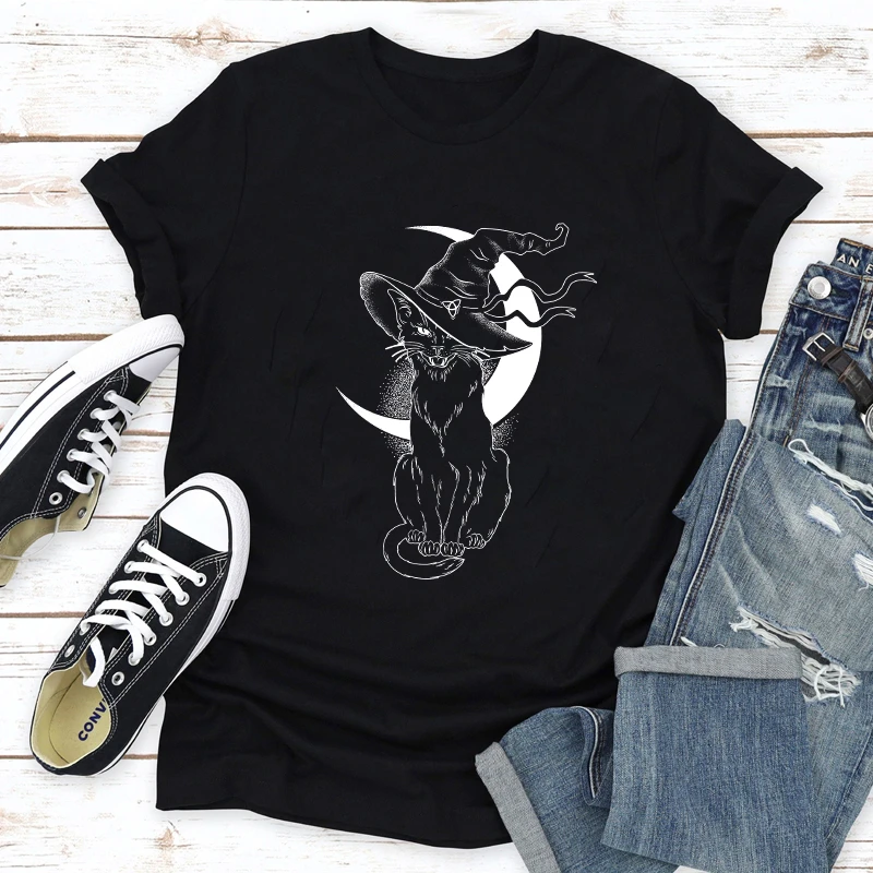 Celestial Moon Cat Witch T-shirt Aesthetic Women Wiccan Gothic Tshirt Vintage Halloween Graphic Tee Shirt Top mens graphic tees