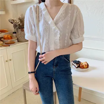

HziriP 2020 Summer Korean All Match Hollow Out Lace White Chic Blouses Short Sleeves Streetwear Girls Cotton Feminine Shirts