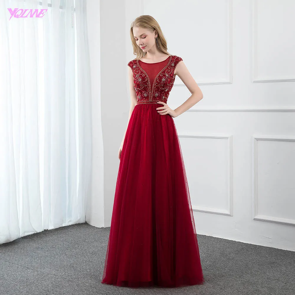 

YQLNNE Wine Red Crystal Long Prom Dresses 2019 O Neck Cap Sleeve Aline Beaded Party Dress Formal Gowns