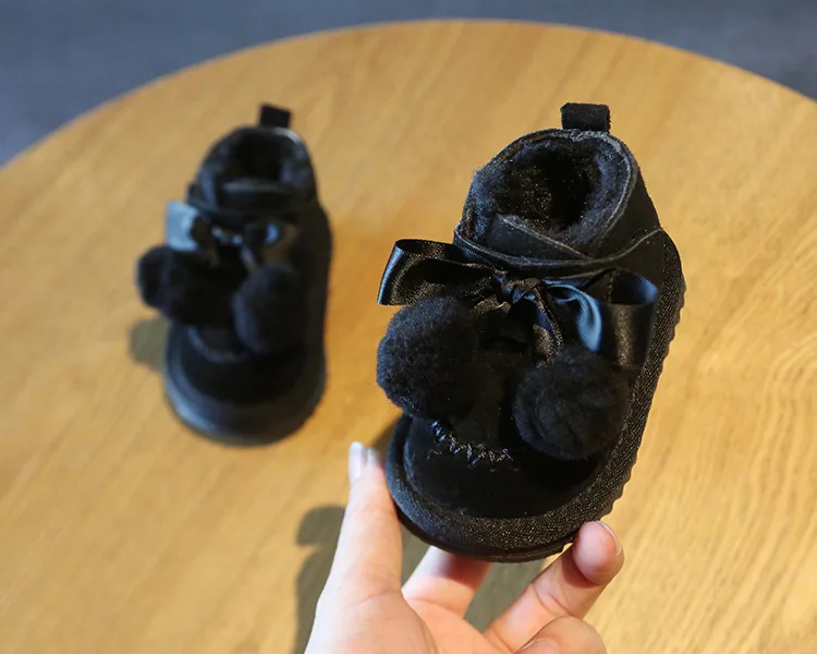 Claladoudou 12-14cm Brand Genuine Leather baby snow boots khaki black gray cute pompom bow tie princess dress shoes for winter