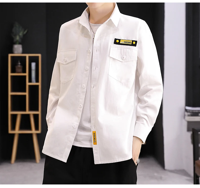 Модные мужские рубашки Slim Fit сплошной цвет Мужская рубашка двойной карман Осень черный зеленый хаки Мужская рубашка с длинными рукавами