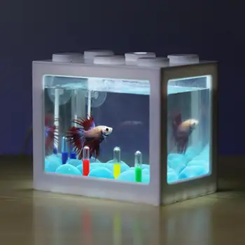 

MeterMall Mini Transparent Aquarium USB LED Light Lamp Fish Tank Home Office Tea Table Decoration Small Building Block Fish Tank