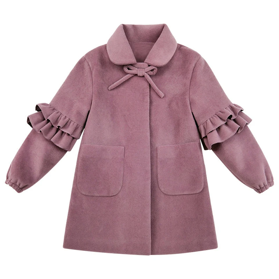 

2019 Autumn Winter Girls Woolen Coat Pink Red Cute Petal Long Sleeves Jacket For Kids Age 8 10 12T Windbreaker