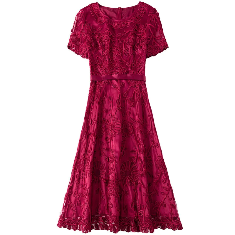 

Женское платье-трапеция с круглым вырезом и короткими рукавами, с высокой талией, тонкое, с плотной вышивкой, сетка, Женская ткань, Ранняя осень, новинка, 2023 г.